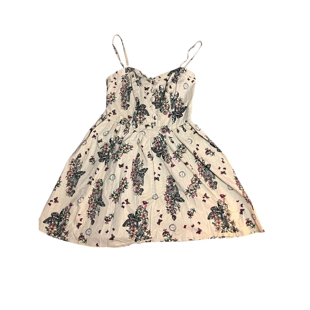Hell Bunny M Skeleton Floral Butterfly Dress Cream Gothic Rockabilly Whimsigoth